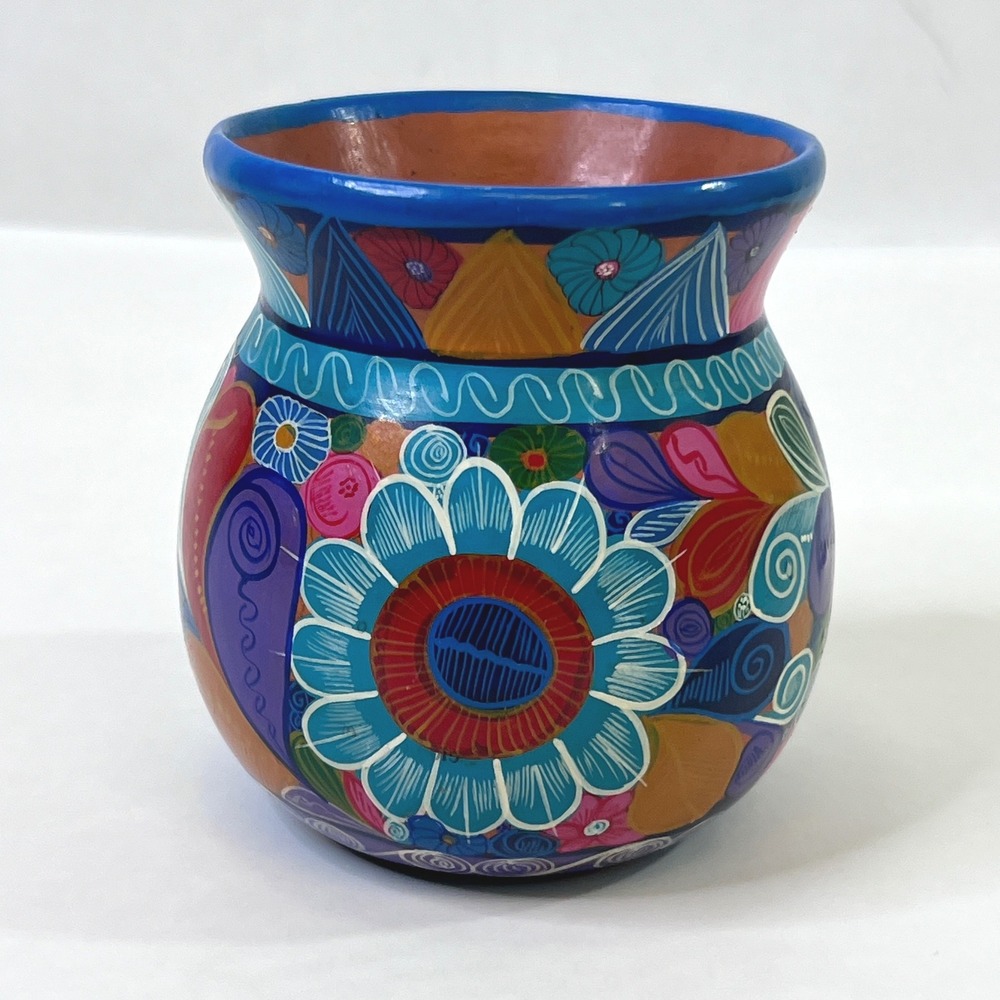 Colorful Signed Mexican Folk Art Hand Painted Pottery Vase 4.5" Container